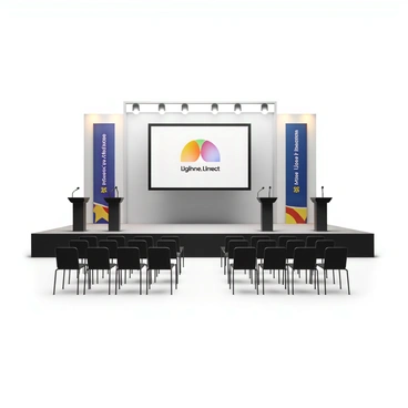 A stage set designed for a product launch event, featuring a large, rectangular presentation screen positioned at the center backdrop. The screen displays a vibrant logo and tagline of the product being launched. The stage is adorned with sleek, modern podiums on either side, each equipped with microphones. There are decorative elements, such as banners with product colors and branding, strategically placed around the stage. Soft, focused lighting illuminates the area, creating a professional atmosphere. The floor is polished, reflecting the bright lights, and there are empty chairs arranged in a semi-circle facing the stage, ready for the audience.