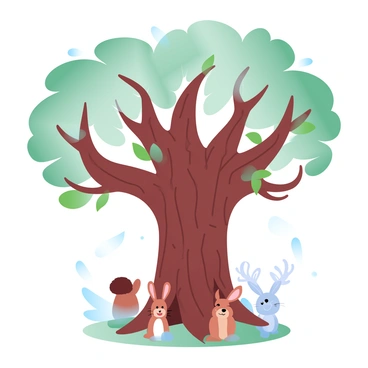 An enormous ancient oak tree with a face, surrounded by curious woodland animals in a misty forest.