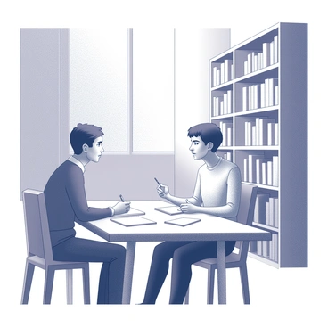 A mentor and a young mentee are seated at a wooden table in a quiet corner of a library. The mentor, a middle-aged individual, has an encouraging expression, leaning slightly forward as they speak. The mentee, a teenager, sits attentively, holding a notebook and a pen, looking engaged and interested. Bookshelves filled with numerous books surround them, and a soft light filters through a nearby window, creating a warm atmosphere. A few scattered papers are on the table, suggesting an ongoing discussion or collaboration.