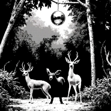 A dense jungle with tall green trees and thick foliage forms the backdrop. Various animals, including a playful monkey, a graceful deer, and a colorful parrot, are engaged in dancing. The monkey is swinging from a low branch, mid-leap with its arms outstretched. The deer stands on its hind legs, while the parrot flaps its wings excitedly. Above them, a large disco ball hangs from a sturdy tree branch, reflecting light as the animals move. The ground is covered with lush plants and scattered leaves, creating a vibrant environment for the scene.