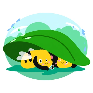 A group of honey bees with fuzzy yellow and black bodies is nestled under large green leaves. The leaves are glistening with droplets of water, showcasing the gentle rain shower. The background features a soft blur of various shades of green, suggesting a lush environment. A few scattered raindrops can be seen falling from the sky, while the bees appear calm and sheltered, with their wings slightly open as if preparing to take flight once the rain stops. The overall scene is vibrant and filled with life.
