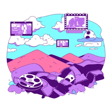 A surreal landscape features rolling hills shaped like giant film reels, each reel intricately detailed with textured edges and film strips. The hills are scattered across a vibrant terrain, creating an otherworldly scene. Above, the sky is filled with large, illuminated frames of old movies, showcasing iconic scenes that create a nostalgic atmosphere. Wispy clouds float by, casting gentle shadows on the film reel hills below. The overall composition creates a dreamlike quality, blending elements of cinema and nature seamlessly.