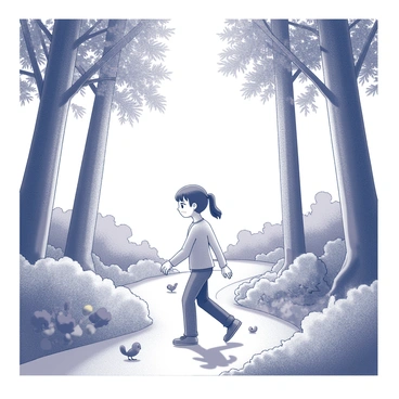 A Virgo character is walking along a forest path. The character has a focused expression, embodying traits of organization and attention to detail. They wear simple, practical clothing suitable for outdoor activities. Surrounding the path, tall trees stretch towards the sky, their leaves forming a dense canopy overhead. Sunlight filters through the branches, casting intricate shadows on the ground. Various plants and flowers line the path, showcasing the diversity of nature. Small creatures, like birds and squirrels, can be seen in the underbrush, adding life to the scene. The atmosphere is tranquil, reflecting the character's connection with the natural world.