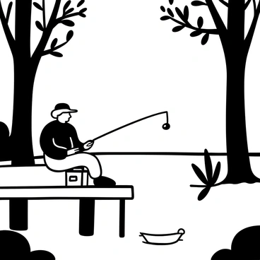 An elderly person sitting on a wooden dock with a fishing rod in hand, casting a line into a calm lake. Surrounding them are tall trees with leafy branches that frame the scene. The surface of the water is smooth, reflecting the silhouettes of the trees and the sky above. A small tackle box sits beside the person, and a gentle breeze creates ripples in the water. The mood is serene, evoking a sense of solitude and connection with nature.