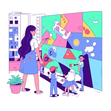 A woman with long dark hair is painting a vibrant mural on a city wall. She is wearing a blue apron splattered with paint and holds a brush with orange paint. The mural features a variety of colorful shapes and patterns that catch the eye. In front of the wall, a small group of passersby, including a child with a red cap and an elderly man with glasses, watch curiously. The city street is lined with buildings, and some green plants are visible in pots nearby.