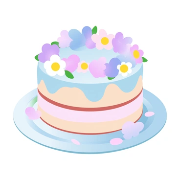 A round gateau sits elegantly on a white plate. The cake has multiple layers, each adorned with a smooth, pastel-colored frosting. Edible flowers in a variety of colors, including vibrant purples, pinks, and yellows, are artfully arranged on top of the cake, creating a beautiful contrast against the soft hues of the frosting. Some flowers drape gently over the sides, adding a delicate touch. A few scattered petals lie around the base of the plate, enhancing the overall presentation.