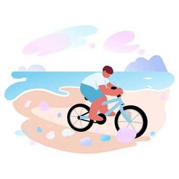 A child is riding a small bicycle along a tranquil beach, with soft, sandy terrain beneath the wheels. The child has short hair and is wearing a bright t-shirt and shorts. Around the child, there are various colorful seashells scattered on the sand. The child is reaching down to pick up a large seashell, with several more shells visible in the surrounding area. In the background, gentle waves are lapping at the shore, and there are faint outlines of distant cliffs. The sky above is a gradient of pastel colors, blending soft pinks, blues, and purples.