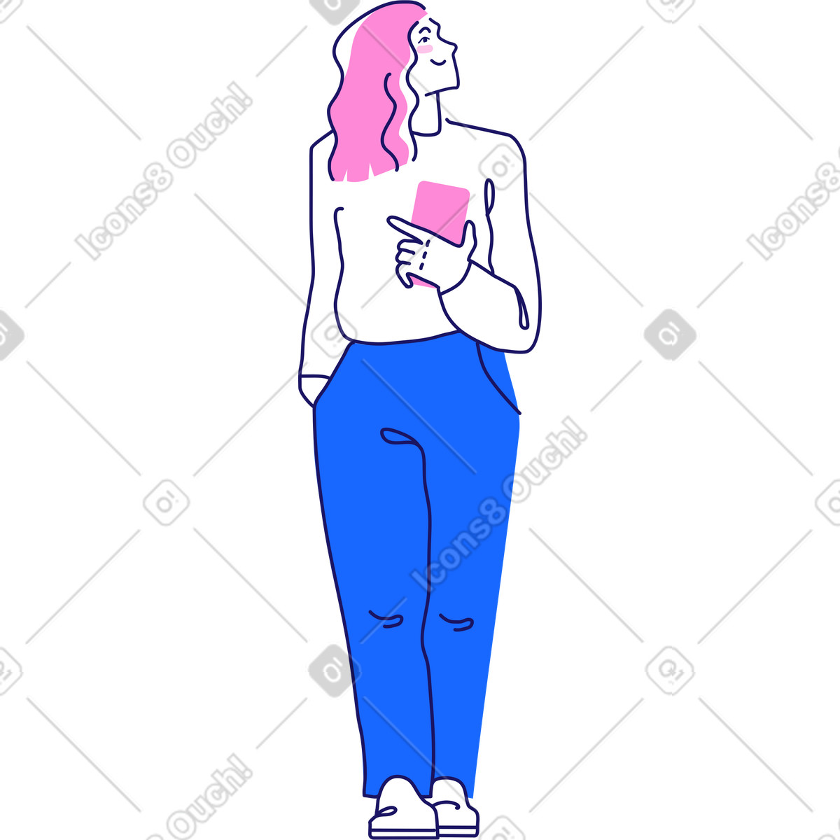 Donna pensierosa che tiene un telefono illustrazione in stile Matey scarica in PNG, SVG