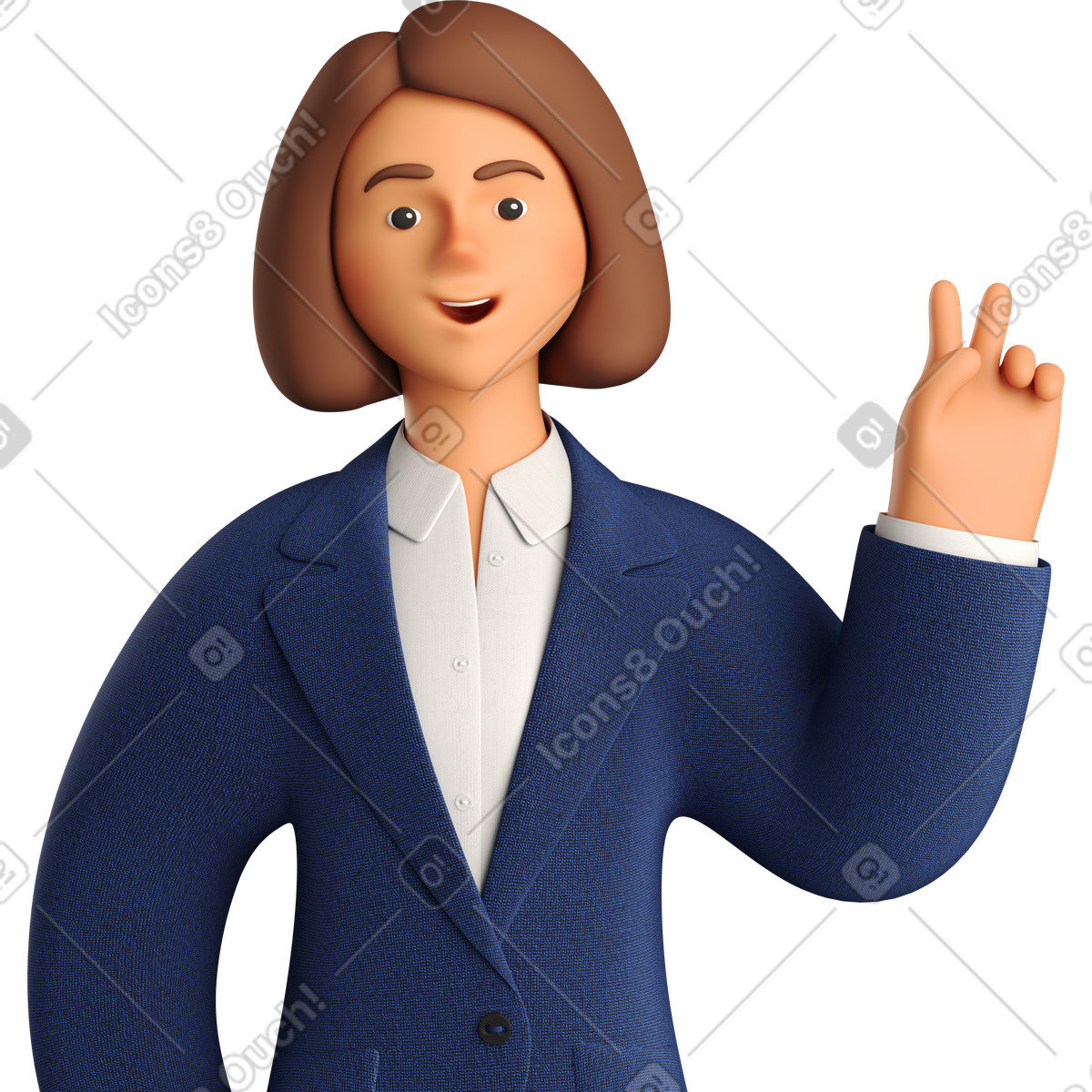 Businesswoman in blue suit with peace sign hand-Illustration im 3D Business-Stil als Download PNG, SVG