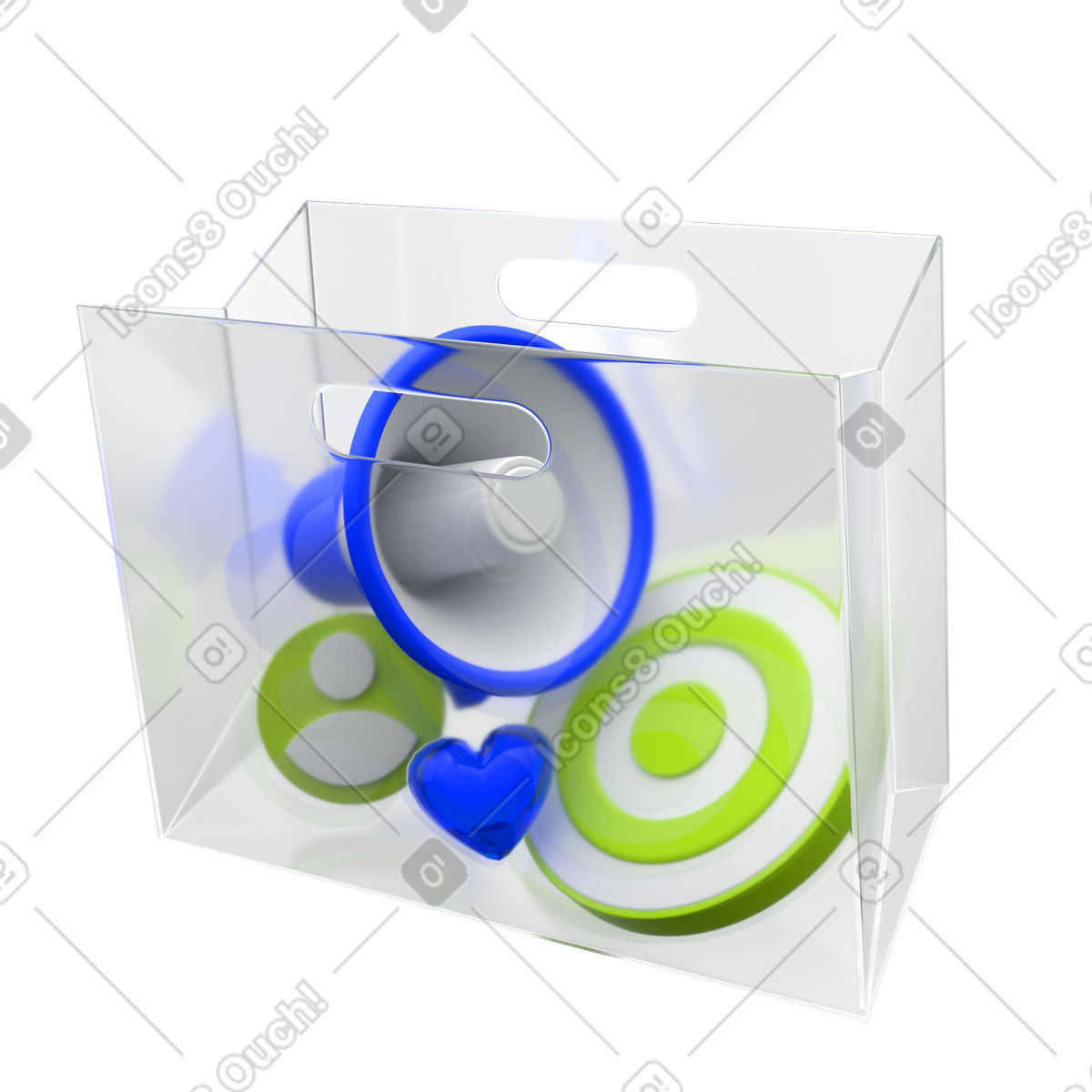 Retail marketing strategy package,promotional tools and targeting concepts,brand engagement essentials in shopping bag illustration 3D Enterprise style download PNG, SVG