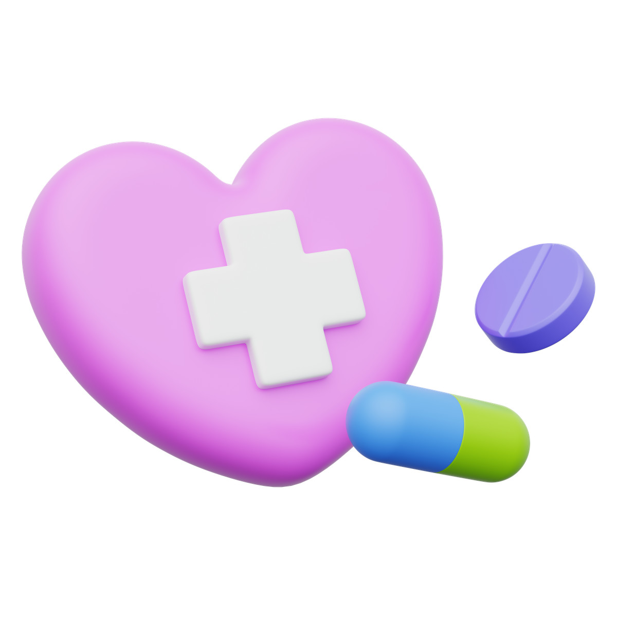 Illustration Heart health care concept with medical cross and colorful pills dans le style 3D Playful à télécharger aux formats PNG, SVG