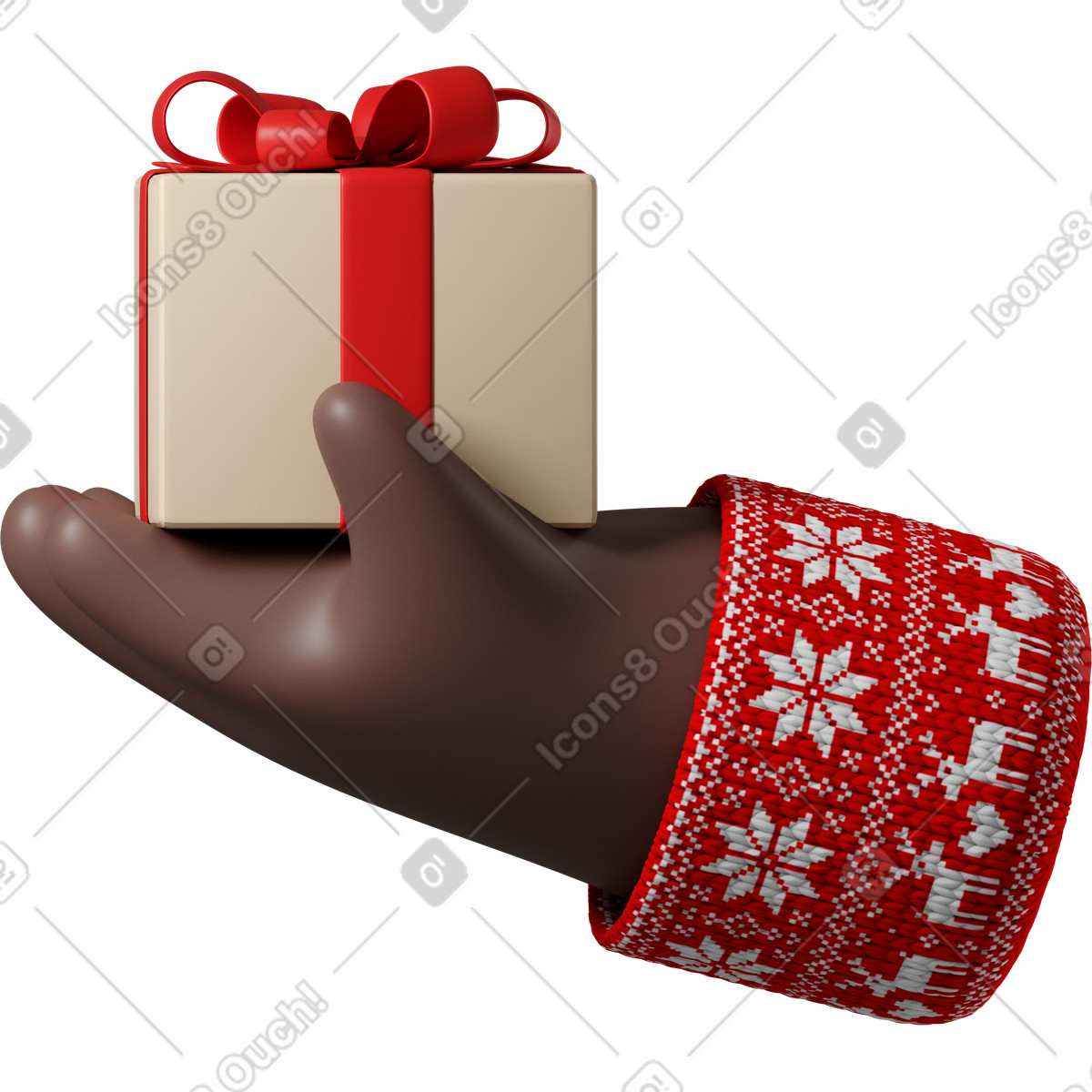 Illustration Main de peau noire en pull rouge avec motif noël tenant une boîte cadeau dans le style 3D Hands Fun&Wild à télécharger aux formats PNG, SVG