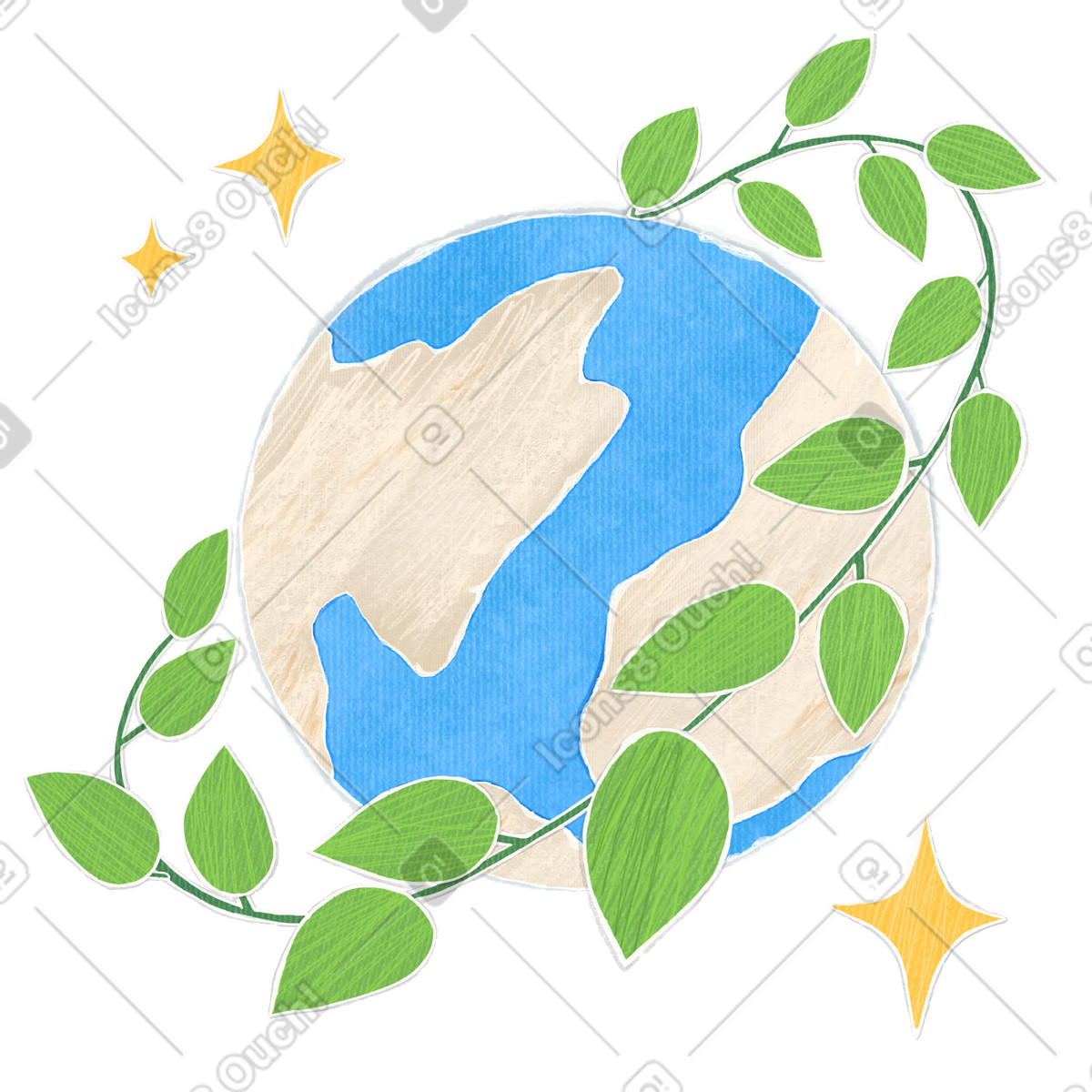 지구를 돌보는 상징으로 나뭇잎이 있는 녹색 가지로 둘러싸인 지구 illustration in Crafty style download in PNG, SVG