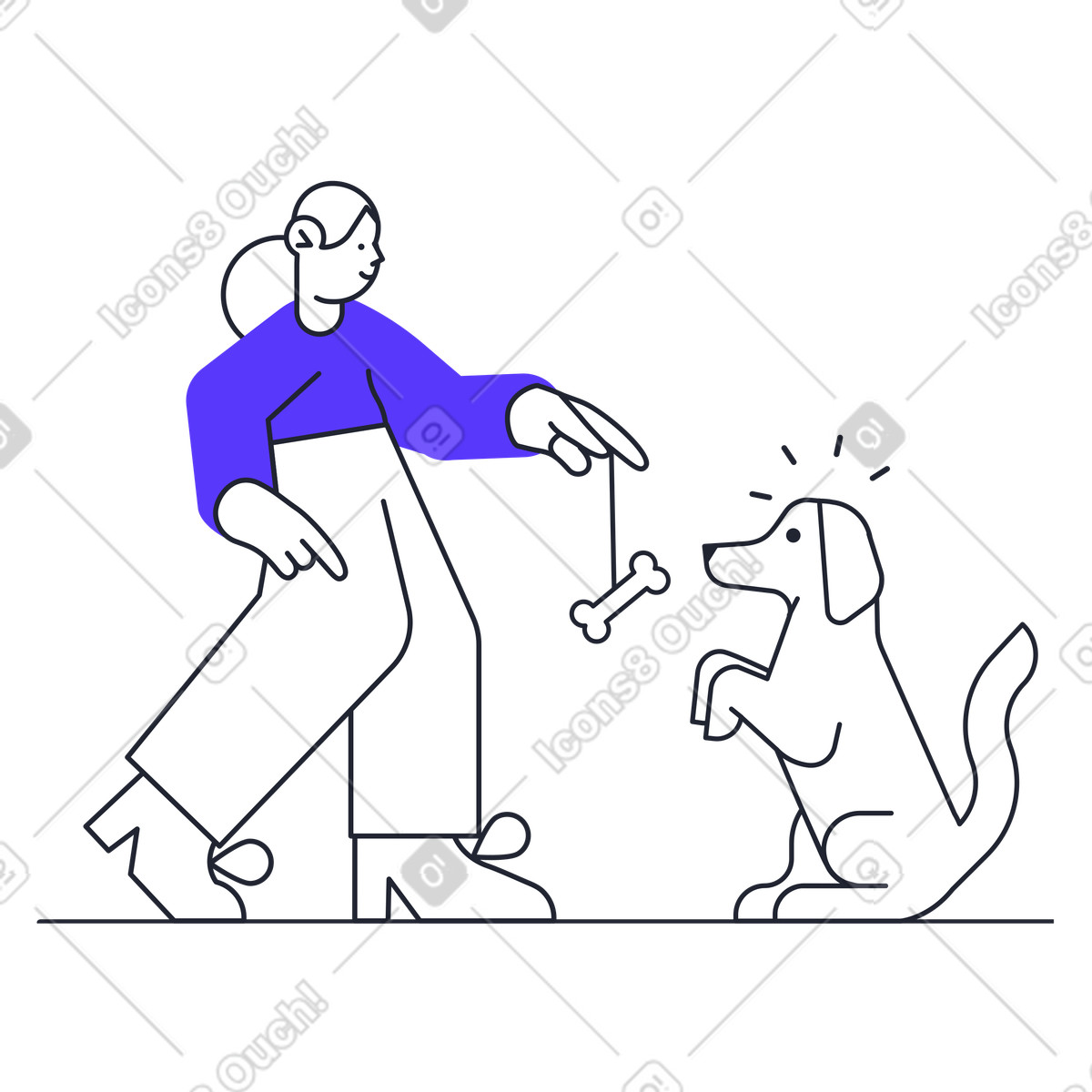 Donna che addestra un cane a sedersi illustrazione in stile Pablita scarica in PNG, SVG