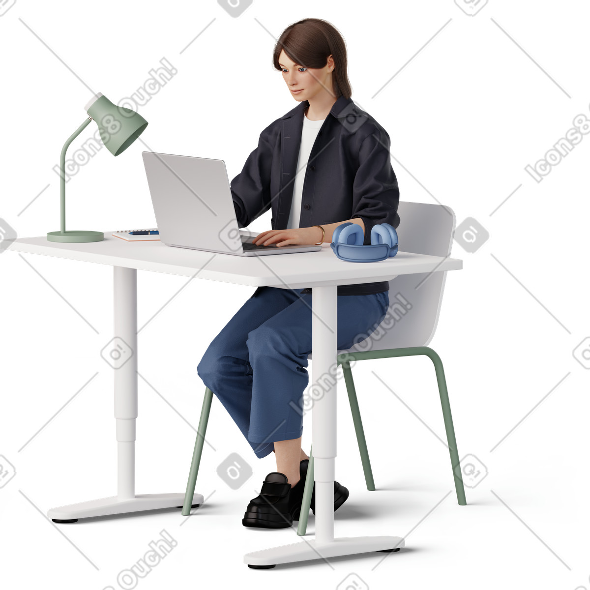 Young woman working on laptop-Illustration im 3D Hygge-Stil als Download in PNG, SVG