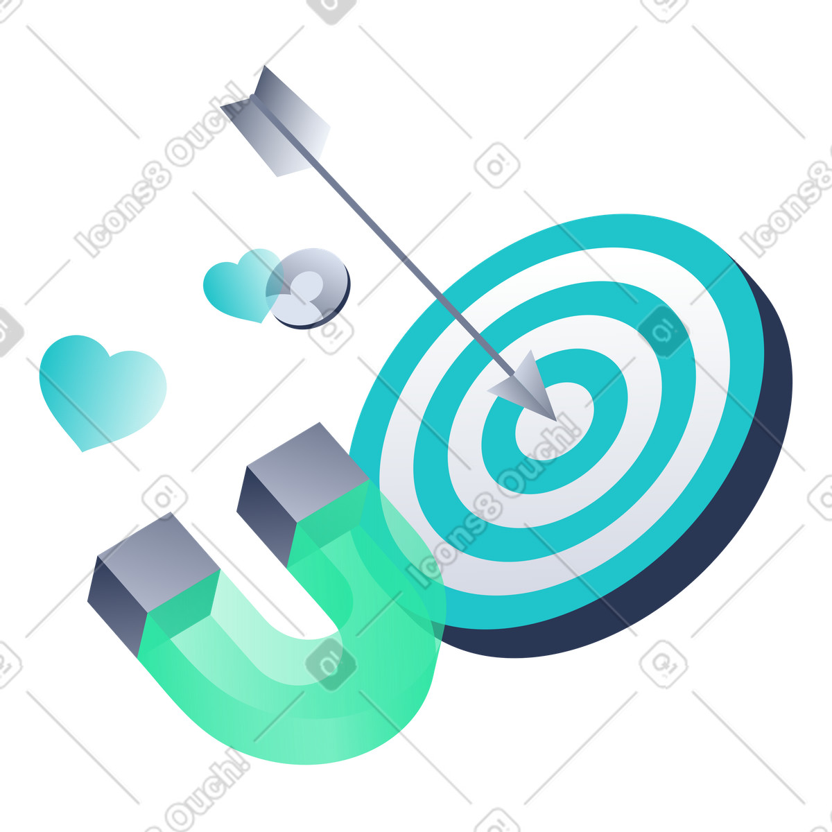 Bullseye target with magnet attracting users, audience engagement and lead generation illustration in Lucent style download in PNG, SVG