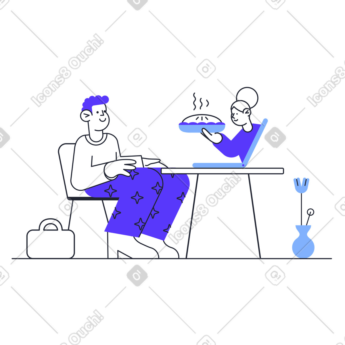 La donna passa una torta calda attraverso un laptop a uomo seduto illustrazione in stile Pablita scarica in PNG, SVG