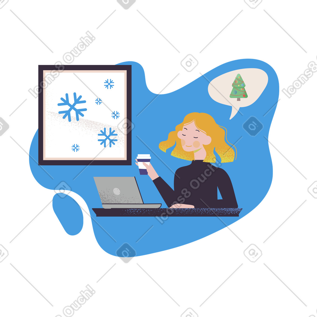 Ilustración Mujer trabajadora soñando con la emoción de celebración del invierno en estilo Pale a descargar en PNG y SVG