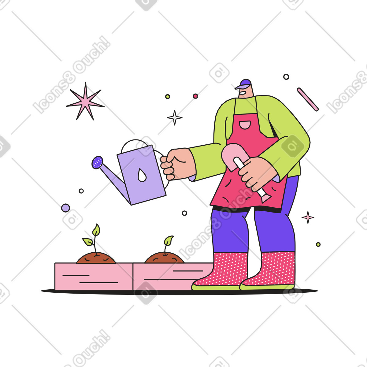 Иллюстрация Gardener watering young sprouts, Home gardening activity в стиле Dazzle — скачать в форматах PNG, SVG