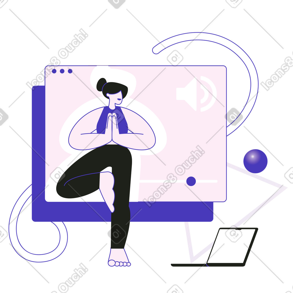 Practicing yoga in front of laptop, virtual class at home illustration Blueberry style download PNG, SVG