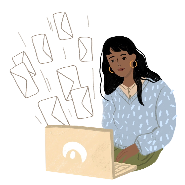 A woman holding a magnifying glass with questions - Lumiere style illustration