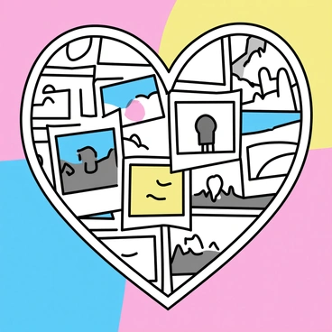 A heart shape formed by various polaroid frames, each displaying different images. The frames are arranged closely together on a background of a colorful wall that includes shades of pink, blue, and yellow. The edges of the polaroid frames are simple and white, creating a distinct outline against the vibrant wall. The images within the frames may depict landscapes, people, and abstract patterns, adding variety and interest to the collage.