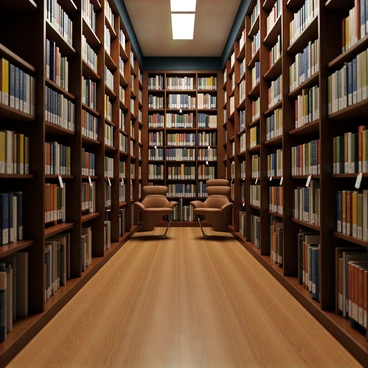 A large, spacious library filled with tall bookshelves made of dark wood. Each shelf is lined with books that have spines in various colors and designs. Every book spine features a unique price tag attached, displaying different prices in bold letters. The library has a polished wooden floor and warm lighting that casts a gentle glow over the scene. In the background, there are comfortable reading chairs positioned between the shelves, inviting readers to sit and enjoy a book.