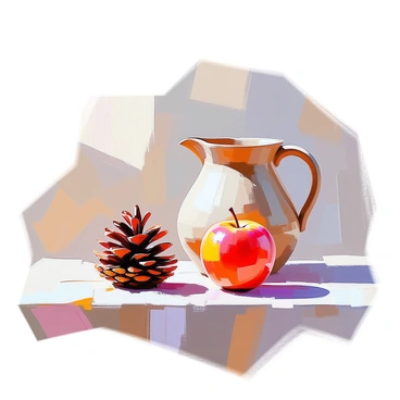 A still life composition featuring a textured pine cone resting on a wooden surface. Beside it, a shiny red apple with a slight sheen reflects light. In the background, a rustic jug made of clay sits, showing a rough, earthy texture. The arrangement is balanced, with the pine cone on the left, the apple at the center, and the jug positioned on the right, creating a harmonious scene.