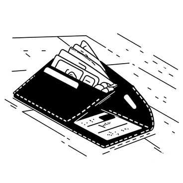 A wallet lying open on a wooden table. The wallet is made of leather, with a stitched design along the edges. Inside, there is a neatly organized stack of cash, with different denominations arranged clearly. Several credit cards are visible, displaying their logos and information, aligned side by side in the designated slots. The surface of the table shows a light grain pattern, adding texture to the image.