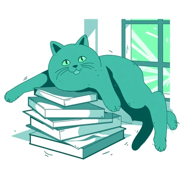 A teal cat with bright green eyes is lounging comfortably on a stack of white books inside a librairie. The stack of books is varied in size and is artistically arranged with some books slightly tilted. Sunlight streams through a nearby window, casting soft light and creating gentle shadows around the space. The cat is playfully stretching out its paws while one paw hangs over the edge of the tallest book. Dust particles are visible in the sunlight, adding a warm atmosphere to the scene.