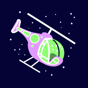 An RC helicopter is flying through a dark sky. The helicopter has a sleek design with multiple rotating blades. It is illuminated by LEDs, which create a vibrant display across its body. The lights form various patterns and shapes, casting reflections in the night. Stars are scattered in the background, adding to the nighttime atmosphere. The helicopter is in mid-flight, with a slight tilt as it maneuvers through the air.