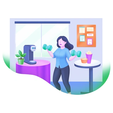 An office break room featuring an employee taking a break. The worker is a middle-aged woman with dark hair, wearing a casual blue shirt and black pants. She is performing renegade rows with two light blue dumbbells. The background includes a small round table with a coffee machine, a potted plant, and a few snack boxes. A window lets in natural light, illuminating the room. There is a bulletin board on the wall covered with colorful papers and notes.