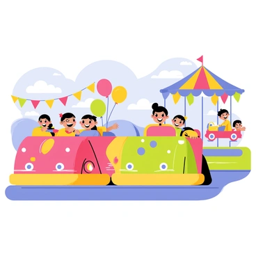 A vibrant scene at a school funfair featuring children enjoying car-themed rides. There are colorful bumper cars, each decorated with cheerful designs and bright colors. A group of excited children, with big smiles, are seated in the bumper cars, ready for fun. Nearby, a small carousel is spinning, with miniature cars as the ride vehicles, and children laughing as they ride. Bright balloons and streamers are visible in the background, adding to the festive atmosphere. The sky is clear blue, and the sun is shining, illuminating the joyful scene.