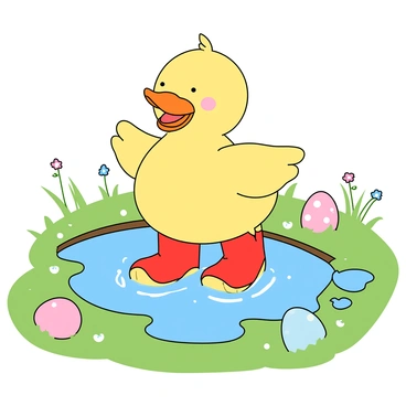 A cute duckling with soft yellow feathers is wearing bright red tiny rain boots. The duckling is happily splashing in a series of small puddles on a grassy patch, with droplets of water flying around. It is Easter morning, and colorful Easter eggs are scattered around the puddles, featuring various pastel colors and patterns. The background shows hints of blooming flowers and a clear blue sky, enhancing the cheerful atmosphere of the scene.