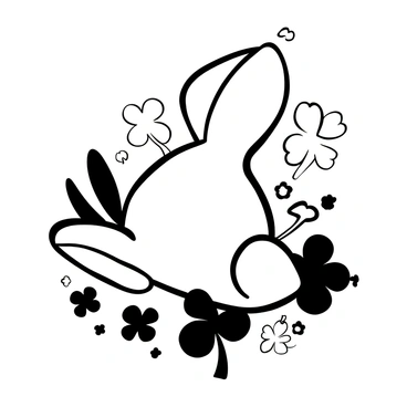 A rabbit's foot resting on a surface, surrounded by several shamrocks and four-leaf clovers. The rabbit's foot is detailed with texture, showcasing its fur and shape. The shamrocks and four-leaf clovers have distinct leaf shapes, filling the space around the rabbit's foot. The composition creates a harmonious arrangement of the natural elements, emphasizing the connection between the rabbit's foot and the lucky plants.