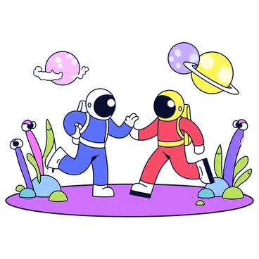 Two cartoon astronauts in bright space suits are exploring a vibrant alien planet. One astronaut has a blue suit with a reflective visor, while the other wears a red suit with a large helmet. The ground is a mix of purple and green hues, dotted with large, colorful plants. Unusual creatures with elongated bodies and multiple eyes are curiously observing the astronauts from behind rocks. In the sky, two large moons can be seen, casting a soft glow over the scene.