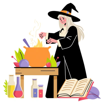 A witch with a long, flowing black robe and a pointed hat is stirring a bubbling cauldron. The cauldron is positioned over a flickering fire, casting warm light and shadows around the scene. The witch has long, silver hair that flows down her back, and her face shows concentration as she mixes the contents of the cauldron. Surrounding her are various herbs and magical ingredients, creating a vibrant and mysterious atmosphere. There are colorful potions in glass vials set on a wooden table nearby, along with an old spellbook opened, revealing ancient text.