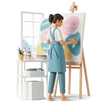 An artist, a middle-aged woman with curly brown hair tied back, is standing in front of a large canvas. She is wearing a blue apron over a white shirt and denim jeans. Her right hand holds a paintbrush, while her left hand gently touches the canvas. The canvas features vibrant colors that merge and swirl together, with hints of hidden vocabulary words appearing among the colors. The studio around her is filled with paint tubes, brushes, and a wooden easel. Bright natural light streams through a nearby window, illuminating the scene.