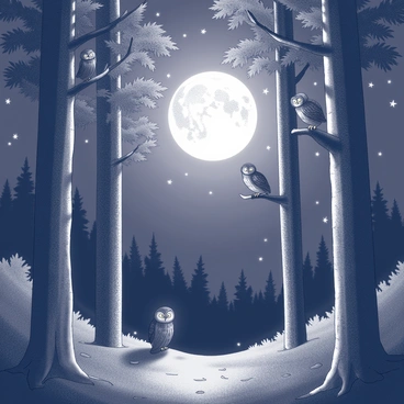 A moonlit forest with stars twinkling above and owls perched in the trees