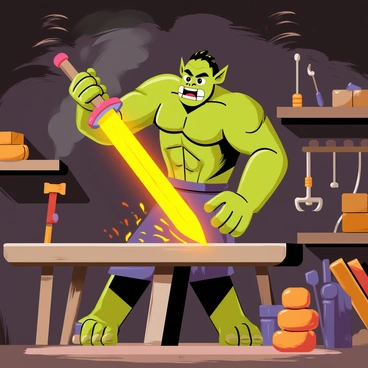 An orc blacksmith with green skin and a muscular build is hammering a glowing sword on an anvil. The sword emits a bright orange light as it is struck. The forge is filled with various metal tools, including hammers and tongs, all scattered around. Smoke billows from the furnace, creating a dynamic atmosphere. The walls of the forge are lined with shelves holding ingots and other materials used for blacksmithing. A few sparks fly from the impact of the hammer on the sword, adding energy to the scene.