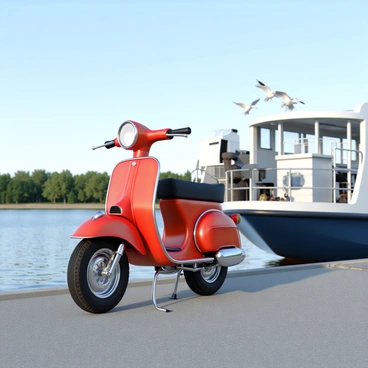 A moped boarding a ferry to cross a river, with seagulls flying overhead