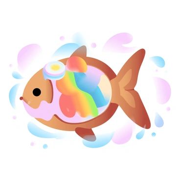 A taiyaki dessert shaped like a fish is displayed prominently. The taiyaki is decorated with vibrant, gradient pastel colors, showcasing swirls of pink, blue, and yellow. Inside the taiyaki, a generous amount of rainbow ice cream is visible, with distinct layers of red, orange, yellow, green, blue, and purple. The background is softly blurred to emphasize the dessert. The overall scene radiates a playful and inviting atmosphere.