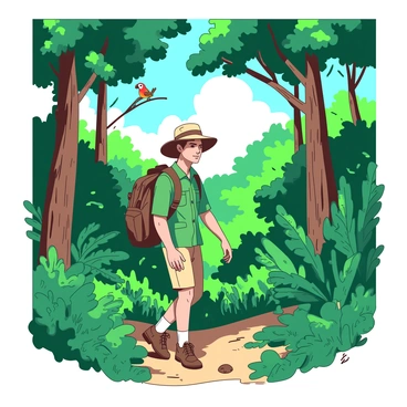 An explorer dressed in a green safari outfit is trekking through a dense and vibrant African rainforest. The explorer is wearing a wide-brimmed hat and carrying a brown backpack. Tall trees with thick trunks and broad green leaves surround him, creating a lush canopy overhead. Colorful birds can be seen perched on branches, and exotic plants are scattered throughout the underbrush. Sunlight filters through the leaves, casting dappled shadows on the forest floor. The explorer's determined expression reflects his adventurous spirit as he navigates the rich foliage.