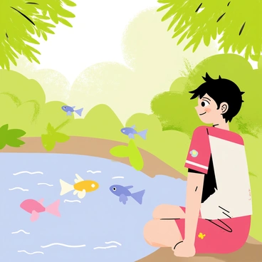 A boy with black hair and a distinctive red and white school uniform is sitting by a tranquil pond. He has a mischievous smile on his face as he watches colorful spirit fish swim gracefully through the water. The pond is surrounded by lush green foliage, with soft sunlight filtering through the trees, creating a dappled effect on the water's surface. The spirit fish glow softly, showcasing shades of blue, pink, and yellow, adding a magical touch to the serene scene.