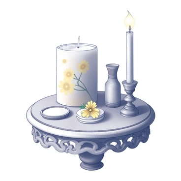 A beautifully crafted candle with a smooth surface and an intricate design is infused with "calendula." The candle is placed on a decorative table that features ornate carvings and a polished finish. The table is adorned with various embellishments, including delicate coasters and a small vase. The candle is positioned in such a way that it is the focal point of the arrangement.