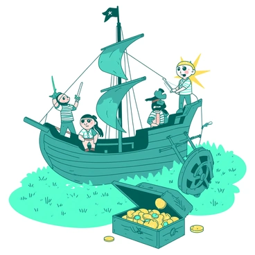 A teal makeshift pirate ship made of wooden planks is sailing across a backyard filled with grass that resembles a vast sea. Onboard, a group of children dressed as pirates, wearing eye patches and bandanas, are energetically engaging in a playful sword fight. One child is standing at the helm, pretending to steer the ship with a makeshift wheel, while another is climbing the ship's rigging made of ropes. Nearby, a colorful treasure chest filled with shiny plastic gold coins and jewels is placed on the deck, capturing the attention of the young pirates. The sun is shining brightly, creating a lively atmosphere in the backyard adventure.