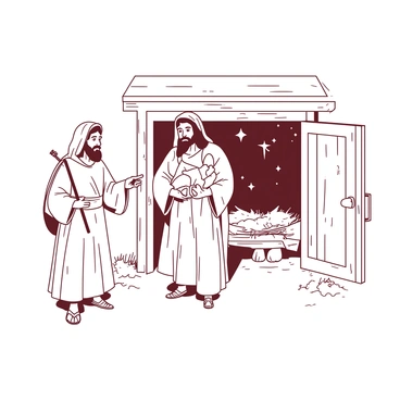 An innkeeper stands near an open wooden door, gesturing towards a cozy stable filled with fresh hay. Inside the stable, a gentle light shines, illuminating the space where a rustic wooden manger is placed. Joseph, a man in simple robes, holds a staff while looking towards the stable, a look of gratitude on his face. Mary, adorned in a flowing robe, stands close to Joseph, with a serene expression as she cradles a small bundle in her arms. The innkeeper, a kind-looking figure with a welcoming smile, points towards the hay, inviting them to enter and find rest for the night. The stable is surrounded by wooden beams, and outside, a starry sky can be seen peeking through the door.
