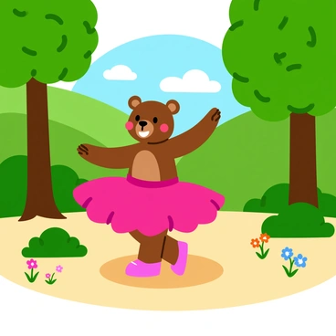 A bear wearing a pink ballerina tutu and matching ballet slippers is gracefully dancing in a forest clearing. The bear's arms are extended elegantly as it twirls on its hind legs. Surrounding the clearing, tall green trees with lush foliage provide a natural backdrop. Sunlight filters through the leaves, casting dappled shadows on the soft, earthy ground. Delicate wildflowers in various colors bloom around the edges of the clearing, adding to the vibrant atmosphere. The bear has a joyful expression, embodying the spirit of dance in this serene woodland setting.
