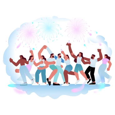 A cheerful muster of people celebrating a festival with fireworks in the background