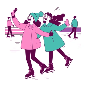Two friends enjoying a playful moment while skating and taking selfies on the ice.